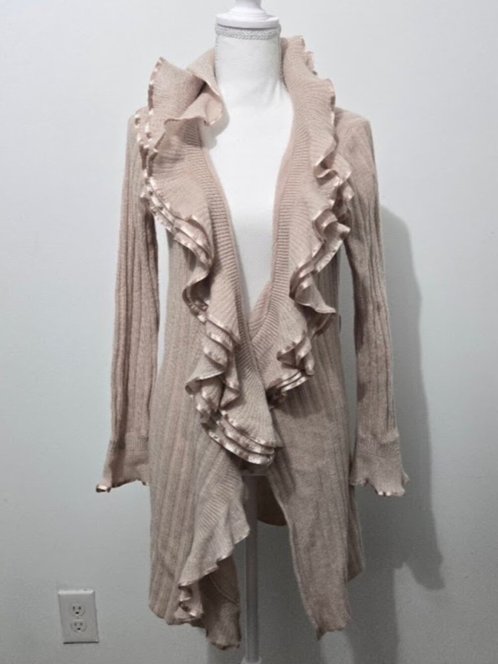Cynthia Rowley 2-Ply Cashmere Ruffle Open Front Cardigan Size XS Tan Wrap Luxury